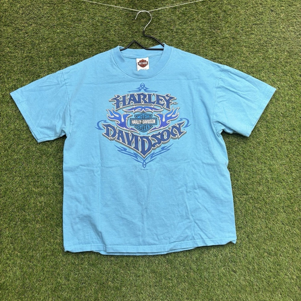 VINTAGE Harley-Davidson Shirt Mens Large Teal Blue Double Sided Eagle Slim Fit